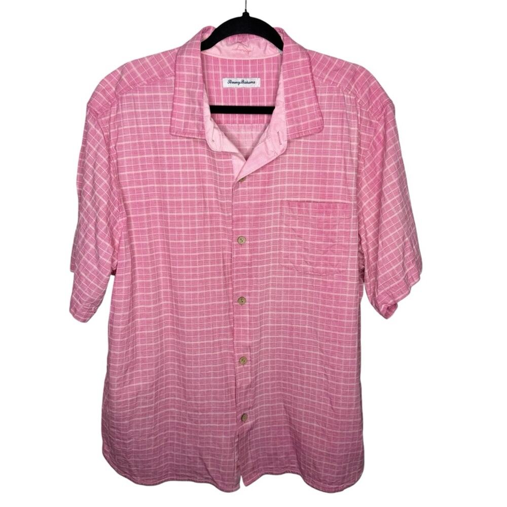 TOMMY BAHAMA / baby pink check plaid 100% silk short sleeve button down / XXL